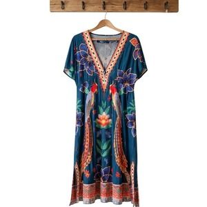 Peacock Floral Maxi Dress Womens 12 XL Teal Boho Tropical Kaftan